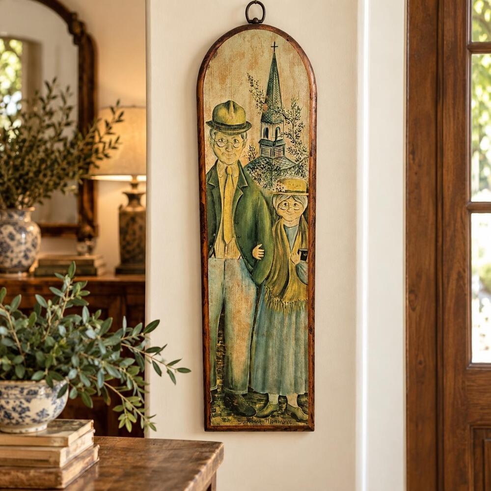 Vintage Sunday Morning Church Couple Folk Art Wood Wall Plaque 25in